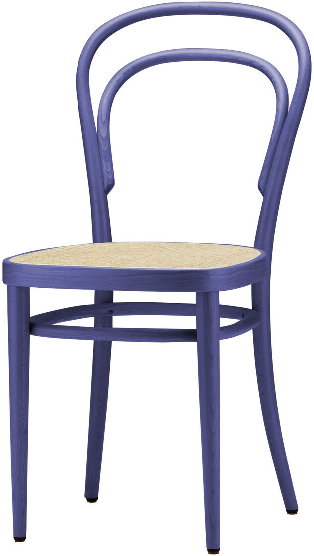 Ein lila Bugholzstuhl mit gewebter Sitzfläche in Sonderedition »214«. Das schlanke und elegante Design zeichnet sich durch geschwungene Linien aus.